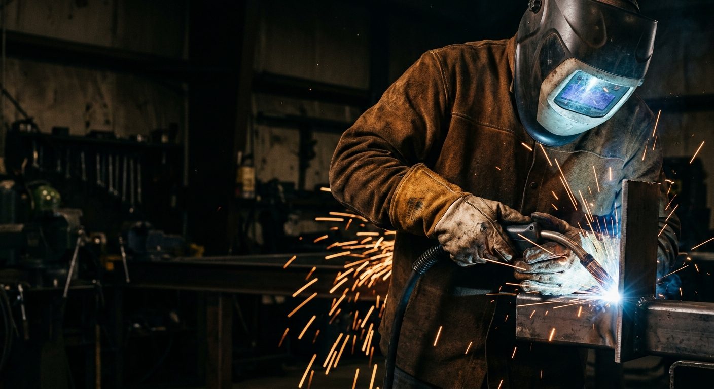 Welder in leather welding gloves and a protective jacket manufactured by Abeeha Leather Industry, Sialkot